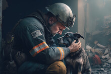 Volunteer Firefighter Petting His Rescue Dog Tenderly After A Hard Day's Work In A City Destroyed By An Earthquake. Concept Of Solidarity And Humanitarian Aid. Ai Generated Art