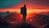 Fototapeta Natura - man standing on top of a mountain with a backpack on his back and a sunset in the background behind him, with a red sky and orange clouds and a red hued. Generative AI