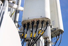 Close-up Telephone Antenna, Gsm Connection. Antenna System 4G 5G. Lots Of Connecting Cables