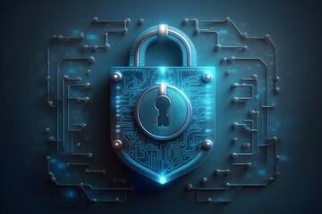 AI, virtual cybersecurity protection lock with information, protection, network service for a business, digital password lock, blue background, cyber, futuristic