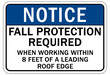 Fall hazard sign and labels fall protection required when working within 8 feet of a leading roof edge