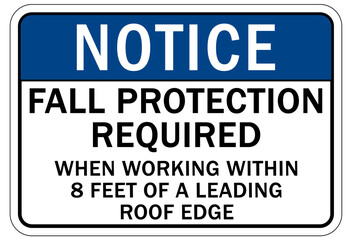 Wall Mural - Fall hazard sign and labels fall protection required when working within 8 feet of a leading roof edge