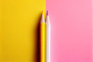 Poster - Yellow pencil and white pencil on yellow and pink background.