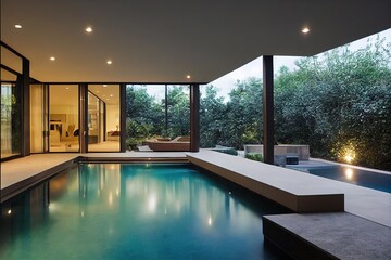 Modern patio outdoor with swimming pool. Modern house interior and exterior design