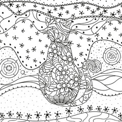Abstract asian pattern with ornate cat on isolated white. Zentangle. Hand drawn abstract patterns on isolation background. Design for spiritual relaxation for adults. Black and white illustration