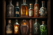 Variety of premium spirits in unique shaped bottles displayed on a vintage bookshelf, generative ai