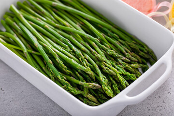 Canvas Print - Blanched or roasted new asparagus, spring side dish for Easter