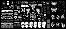 Brutalism, y2k, Neo-tribal, gangsta street elements collection. Acid street elements, forms, objects, shapes from 00s, 90s, 80s. Street graphic box. Trendy Acid, y2k shapes for t-shirt, merch. Vector
