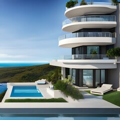 Wall Mural - Modern home with a large balcony and a stunning ocean view1, Generative AI