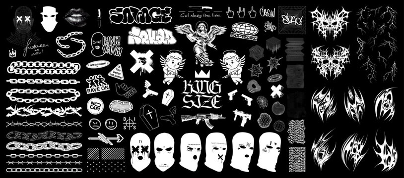 Wall Mural -  - Brutalism, y2k, Neo-tribal, gangsta street elements collection. Acid street elements, forms, objects, shapes from 00s, 90s, 80s. Street graphic box. Trendy Acid, y2k shapes for t-shirt, merch. Vector