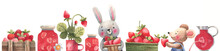 Cute, Funny Little Mice And A Bunny Make Jam From Strawberries. Kids Style Portrait Of Animals, Horizontal Illustration. Strawberry Rush.