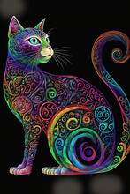 Colorful Cat Sitting On A Black Background. Generative Ai.