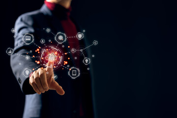 DevOps concept, software development, IT operations, agile programming, Concept with dev ops icon on computer screen and project manager, coder or sysadmin typing on keyboard, high software quality