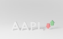3d render Apple Inc. of the stock market in white latters with green and red arrow isolated on white background. AAPL stock market index trading.
