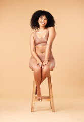 Sticker - Body positive, beauty and black woman sitting on a chair for skincare and self care isolated in a studio brown background. Plus size, portrait and natural model smile, happy and glow due to cosmetic