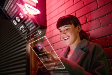 Wall Mural - Interface, night and woman typing on a phone in city for social media, internet and online search. 5g, connection and girl with a smile for a mobile with a digital dashboard for the web in the dark