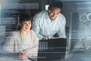 Poster - Information technology, overlay and team on laptop for digital marketing, programming and coding. Networking, web design and man and woman working online for ux, user interface and tech development