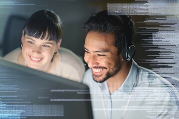 Fototapete - Man, woman and pc in night with overlay, smile and coaching for tech support, data analytics and web ux. Teamwork, learning and crm training with 3d hologram for collaboration, typing and innovation