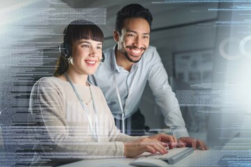 Aufkleber - Call center, overlay and team on computer for customer support, telemarketing and crm network. Communication, contact us and manager training, help and consulting with woman with technology hologram