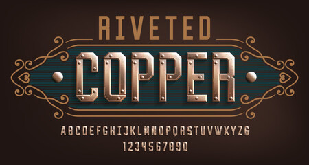 Poster - riveted copper alphabet font. riveted letters and numbers. stock vector typescript for your design.