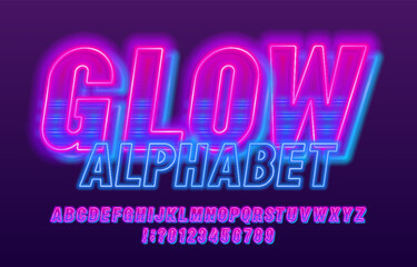 Poster - Glow alphabet font. Neon light letters and numbers. Stock vector typeface for your typography in retro 80s style.
