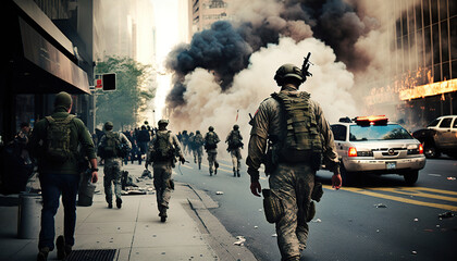 Special ops soldiers fight for survival in chaotic urban warfare in New York City. On fire, armed with rifles, and wearing gas helmets, they navigate debris-filled streets while under attack.