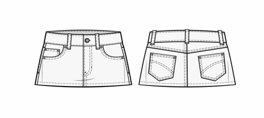 flat illustration of a low-waist denim mini skirt with five pockets, a Front zip fly, and belt loops front and back design cad mock-up 