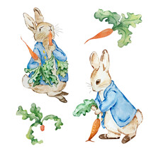 Watercolor Cute Rabbits In A Blue Jacket