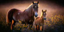 Mare With Foal In Meadow. Post-processed Generative AI