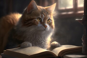 Wall Mural - cat reading book created using AI Generative Technology