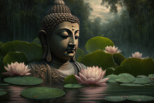 Buddha Statue With Flower Created Using Generative Artificial Intelligence