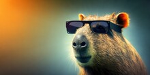 Cute Capybara Wearing Summer Sunglasses, Summer Background, Generative AI