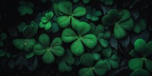 Lucky Green Four-Leaf Clover Isolated Pattern, St. Patrick's Day Concept, St. Patrick's Day Greeting Card Background Template With Space For Text Generative Ai 