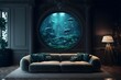 living room with a large alien aquarium 4k