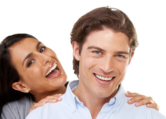 Portrait, face and couple happy and smiling together with love, care and happiness isolated in studio white background. People, man and woman relax and enjoying quality time feeling excited