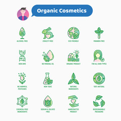 Organic cosmetics set of thin line icons for product packaging. Cruelty free, 0% alcohol, natural ingredients, paraben free, eco friendly, no mineral oil, non GMO. Modern vector illustration.