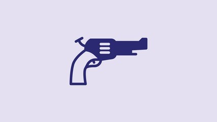 Sticker - Blue Revolver gun icon isolated on purple background. 4K Video motion graphic animation