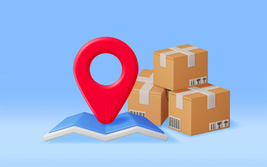 Poster - 3D Carton Packaging Box with Map and Location Pin. Render Map and Cardboard Package with Cover. Carton Delivery Packaging. Presentation, Gift Transportation and Logistics. Vector Illustration