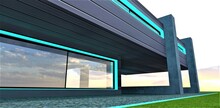 Massive Concrete Supports Of The Cantilevered Architecture Structure. Turquoise Illumination Of The Design Elements As A Decor Of The Facade And Territory. 3d Rendering.