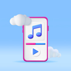 Poster - 3D Music Cloud Note in Mobile Phone. Render Smartphone Streaming Music Platform Icon. Modern Music Service Symbol. Note Realistic Design. Musical Note, Sound, Song or Noise Sign. Vector illustration