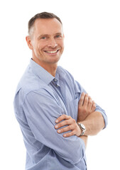 Wall Mural - Arms crossed, pride and portrait of a man with confidence isolated on a white background in a studio. Smile, happiness and mature person with positivity, work vision and motivation on a backdrop