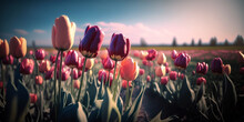 Colorful Tulips Against Blue Sky, Close Up. Blur Spring Field Background. Generative AI