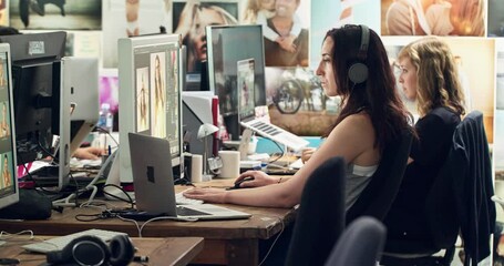 Poster - photography editing, computer software of a woman working with headphones in a office. photo editor 