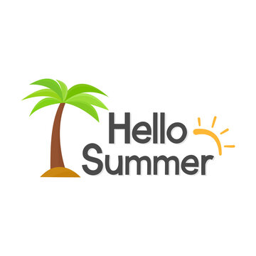 Hello summer Handwritten calligraphy with coconut tree and sun.