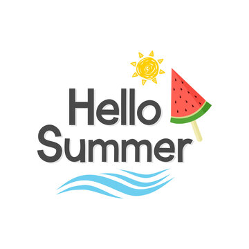 Hello summer Handwritten calligraphy with watermelon wave and sun.