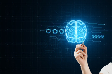 Poster - Close up of male hand with pen pointing at or selecting glowing brain hologram on blurry dark circuit background. Artificial intelligence and machine learning concept.
