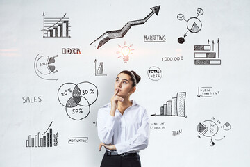 Poster - business data analysis and idea concept with pensive woman on light wall with hand written stats ind
