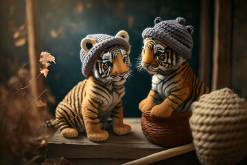 tiger knitting art illustration cute suitable for children's books, children's animal photos created using artificial intelligence