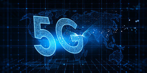 Fototapete - Wireless network and high speed internet connection concept with perspective view on 5g icon and digital world map on abstract dark technological background. 3D rendering