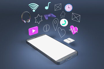 Poster - Empty white mock up smartphone screen with media and lifestyle icons on blue background. Mock up place. 3D Rendering.